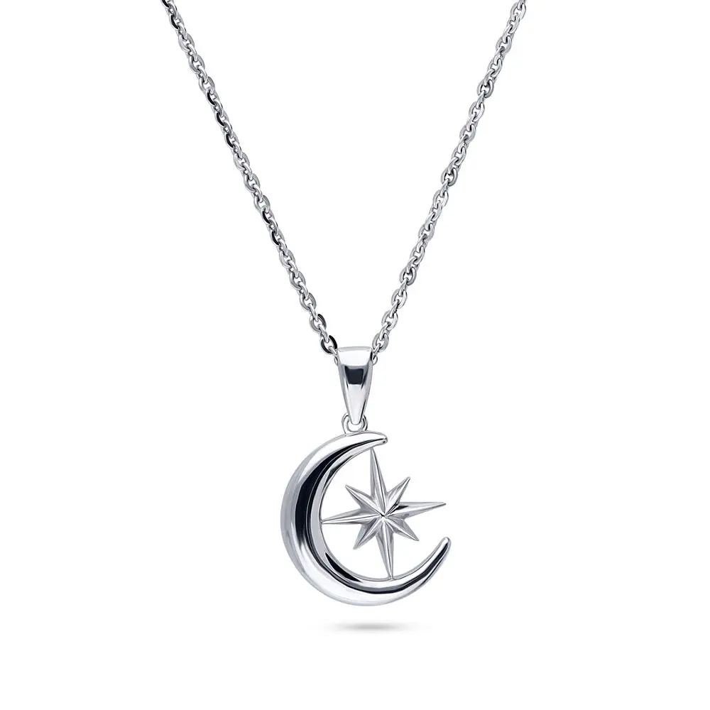 BERRICLE Sterling Silver Crescent Moon North Star Pendant Necklace for Women, 18 inch