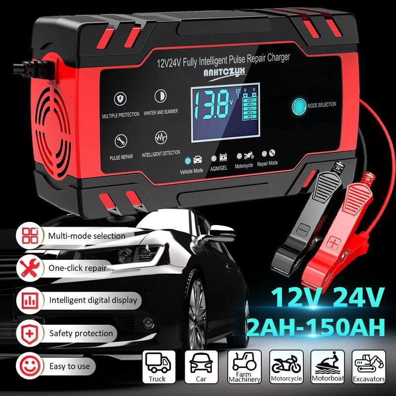 Battery Charger 8-Amp 12V and 24V Fully-Automatic Smart Car Battery Charger, Battery Maintainer Trickle Charger, and Battery Desulfator with Temperature Compensation,for Car, Lawn Mower, Motorcycle, Boat, SUV and More