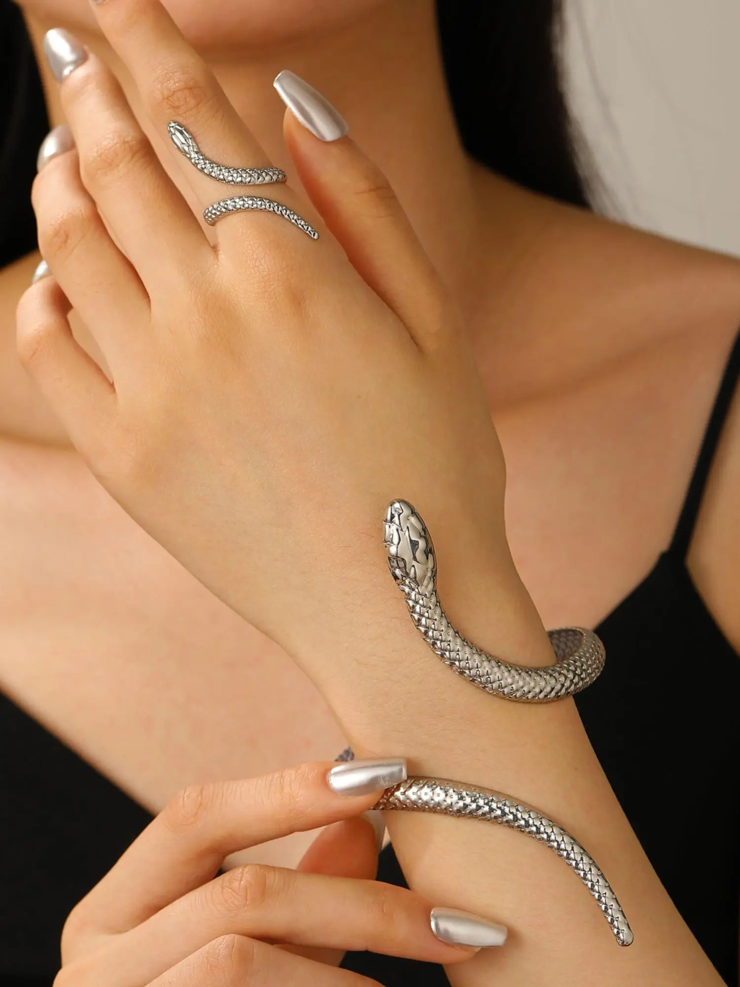 Fashionable Exaggerated High-End Bracelet Set for Women, Snake Shape Adjustable Bangle Ring Combo, Stylish Jewelry Accessories, Jewelry Sets