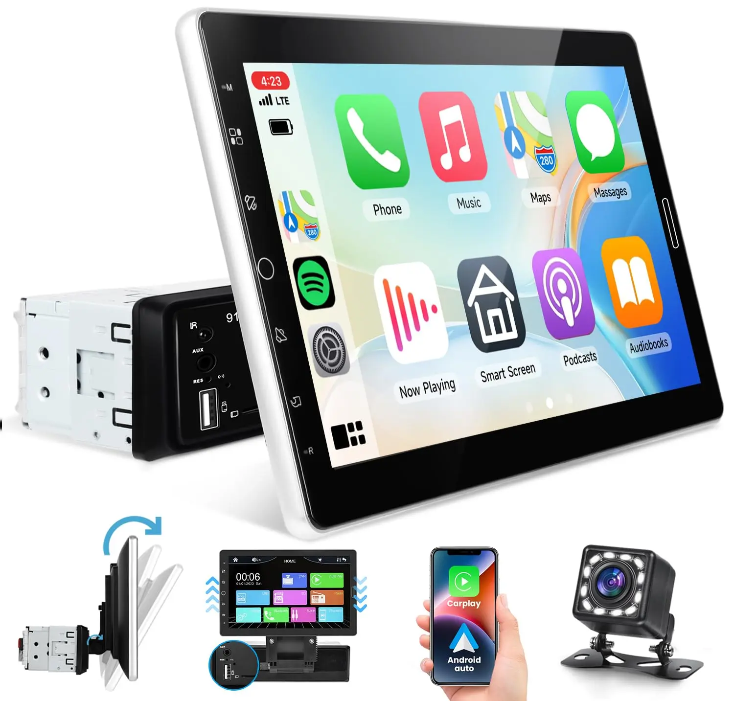 RIMOODY 10.1-inch Single Din CarPlay Screen - HD Touch Detachable Car Radio with Car Screen CarPlay, Android Auto, MirrorLink, BT 5.0, FM, EQ, USB, AUX, TF, SWC, MIC, Backup Camera Audio Receiver, Car Accessories