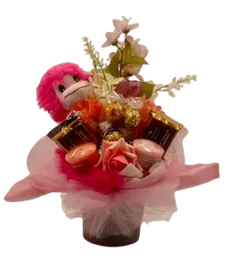 Love is in the Air Gift Set - Floral Bouquet with Ghirardelli Chocolates, Lindt Lindor Truffles, Yankee Candle Votives & Fluffy Monkey Stuffy