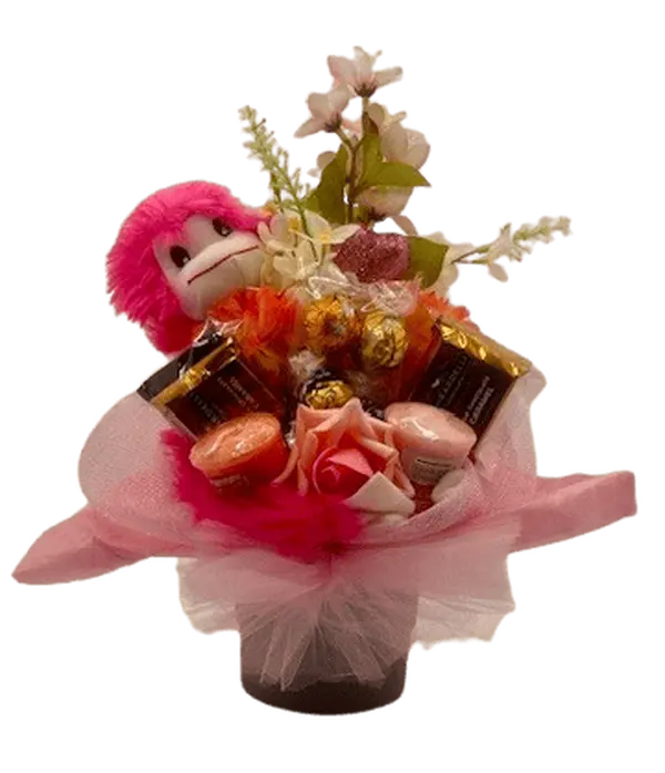 Love is in the Air Gift Set - Floral Bouquet with Ghirardelli Chocolates, Lindt Lindor Truffles, Yankee Candle Votives & Fluffy Monkey Stuffy