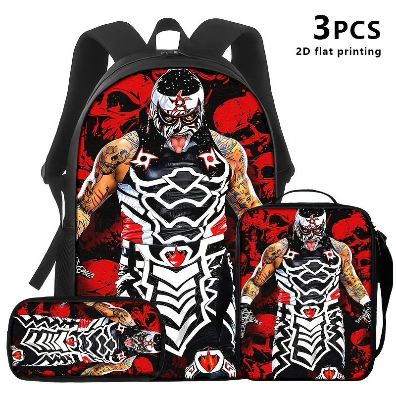 Kids' 3-Piece Backpack Set, Lucha Libre Skull Print, Water-Resistant Oxford with Insulated Lunch Box & Pencil Case for Daily School, All Seasons