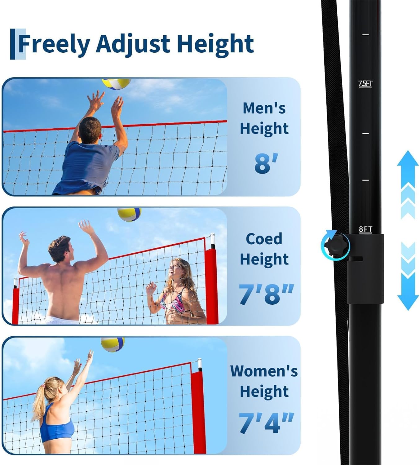 Portable Volleyball Net 8x11 FT, Height Adjustable Volleyball Equipment with Carry Bag, Easy Setup Training Net for Indoor, Outdoor, Beach, Backyard