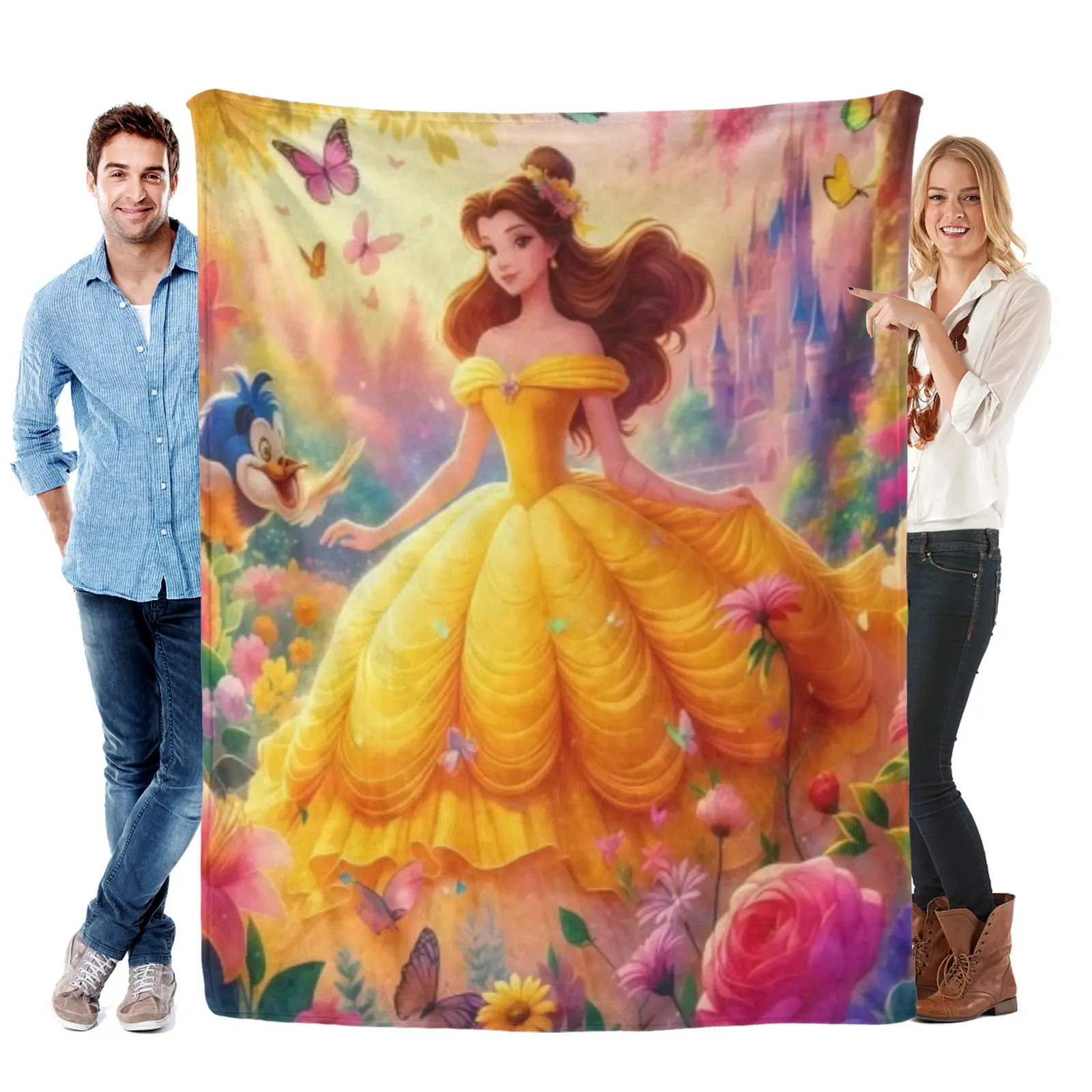 Disney Floral Butterfly Belle Disney Princess Blanket, Soft Fleece Throw Blanket, Castle Sofa Cover, Gifts For Girls Collecting Disney Blanket