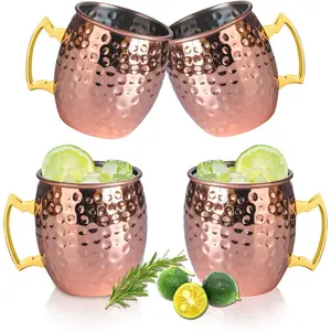 Moscow Mule Mugs Set of 4, Polished Hammered Copper Mug with 304 Stainless Steel Lining and Golden Copper Handle, Perfect for Wine Beer Cold Drink, Bar Party Gifts