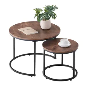 【Summervibes】VEVOR Nesting Coffee Table Set of 2, 23.6 in Round Coffee Table, Nesting Tables for Small Place, End Side Tables Night Stand with Metal Frame, for Living Room, Bedroom, Office (Vintage Brown & Black)