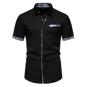 Men's Casual Short Sleeve Button-Up Shirt with Unique Triangle Collar and Paisley Detail - Breathable Polyester, Machine Washable, Black with Blue Floral Accents