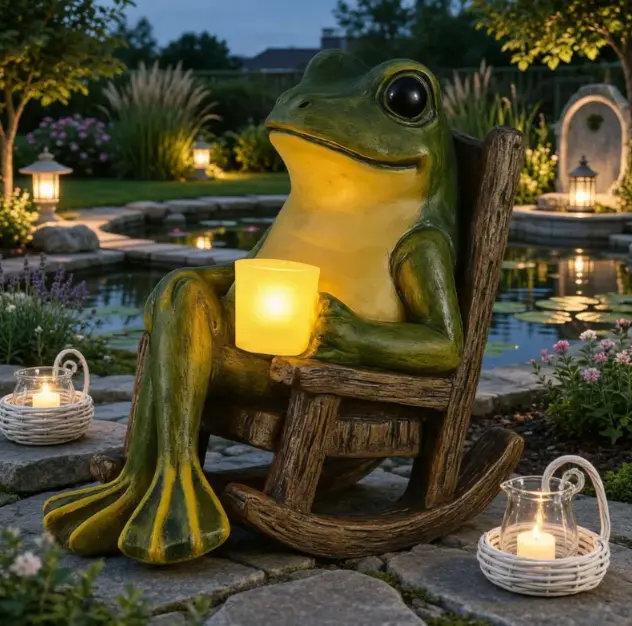 Solar Frog  Sculpture - Reading in Rocking Chair, Yd  with Warm LED Candle, Solar-Powered Statue for Home Improvement Gift garden decor supply funny decoration