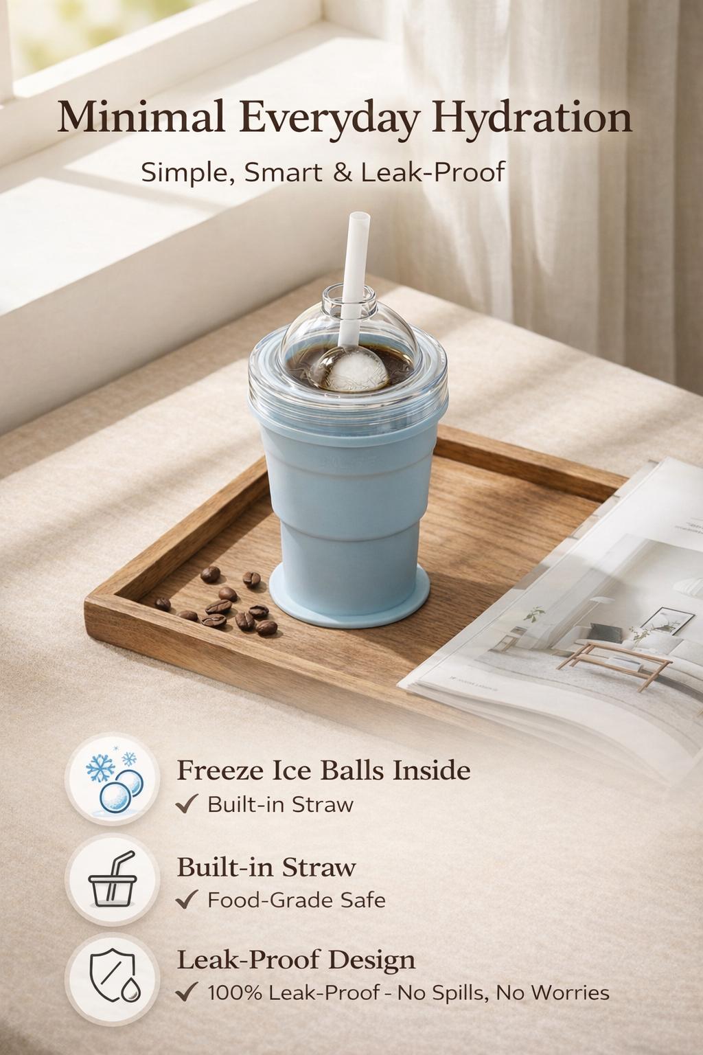 2-in-1 Collapsible Ice Ball Cup, Portable Silicone Travel Cup with Ice Mold for Camping, Iced Coffee & Whiskey,Portable Silicone Folding Tumbler with Large Sphere Ice Mold for Whiskey, Iced Coffee, Travel & Outdoor Camping