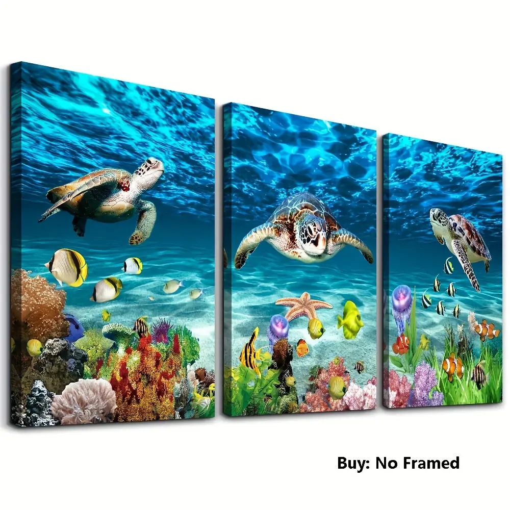 3-Piece 12*8inch(30*20cm) Underwater Ocean Life Canvas Wall Art Set - Modern Unframed Prints with Turtle, Shark, Tropical Fish Designs for Living Room, Bedroom