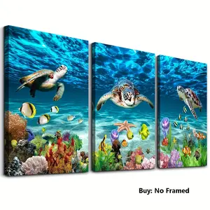 3-Piece Underwater Ocean Life Canvas Wall Art Set - Modern Print Decor for Living Room, Bedroom, Office - Unframed, Turtle, Shark, Tropical Fish Designs