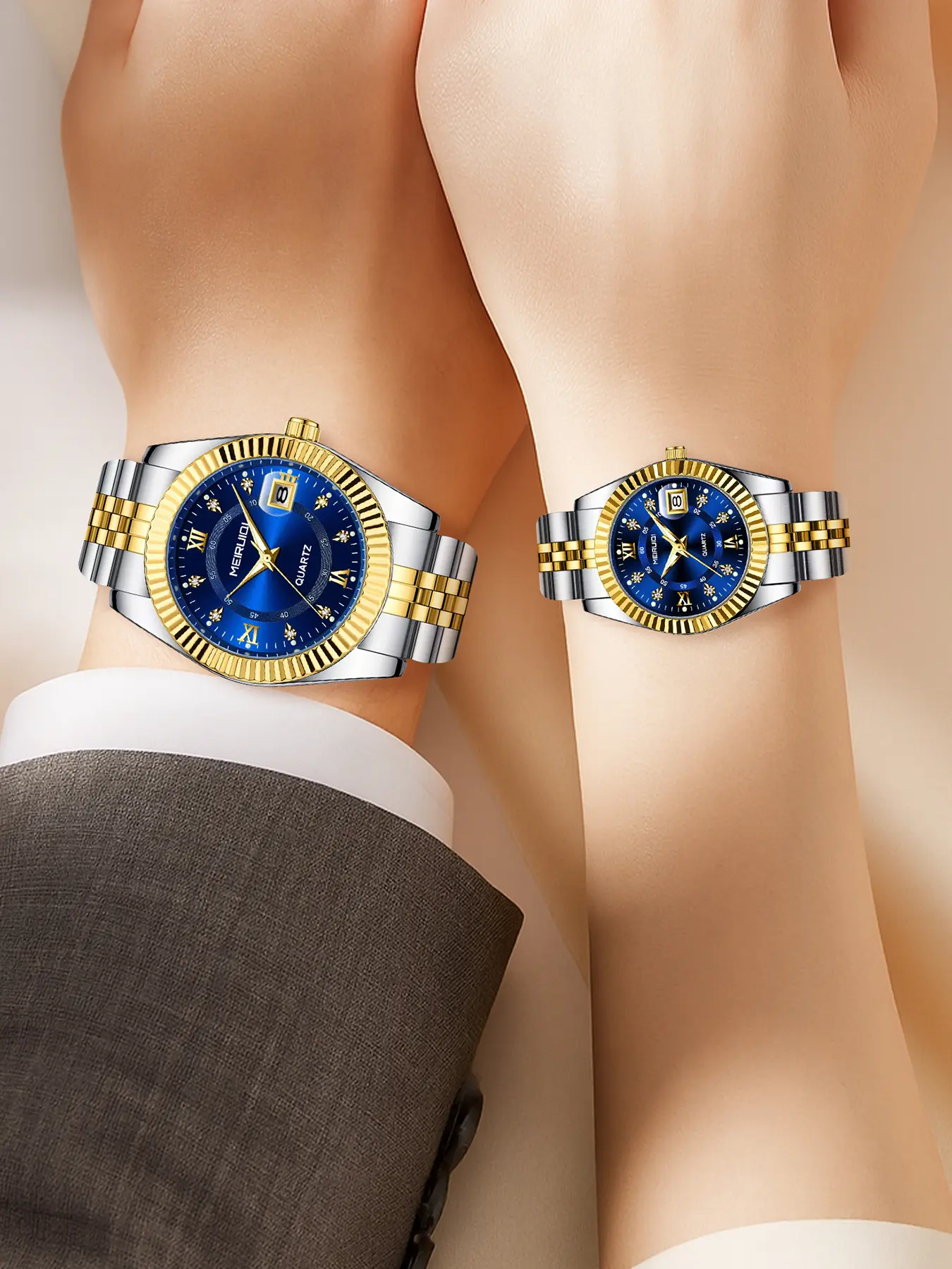 A couple's business diamond room gold blue steel strip waterproof night light strip calendar temperament quartz watch High End Watch business fashion watches Watch Set Quartz Analog Watches