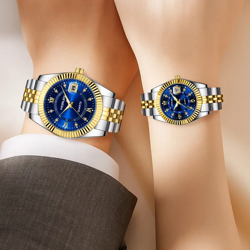 A couple's business diamond room gold blue steel strip waterproof night light strip calendar temperament quartz watch High End Watch business fashion watches Watch Set Quartz Analog Watches