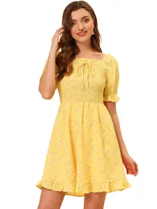 INSPIRE CHIC Women's Puff Sleeve Square Neck Ruffled Hem Floral Smocked Dress