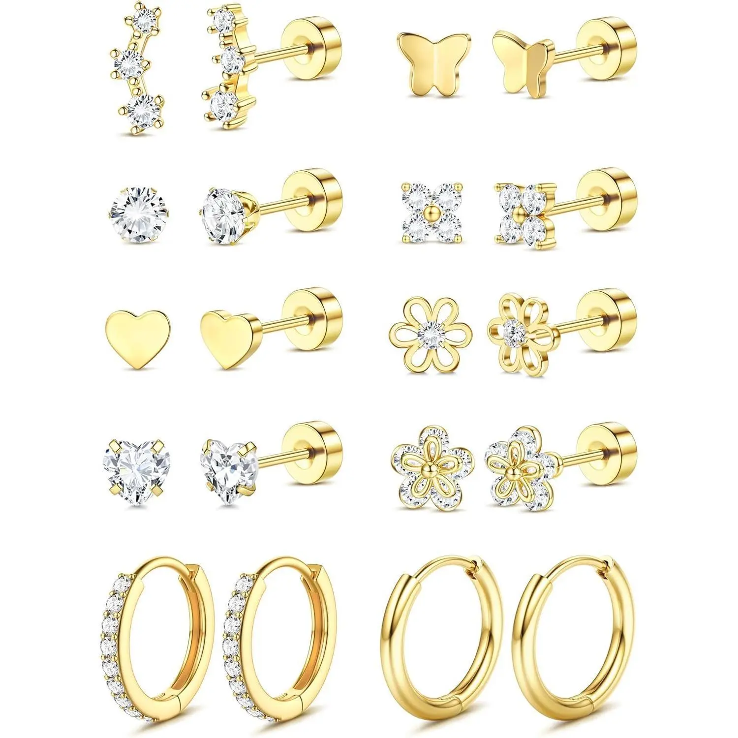 CASSIECA Flat Back Earrings Stack for Women Girls Hypoallergenic Surgical Stainless Steel Earrings Stack for Sensitive Ears 14K Plated Gold Heart Flower Stud Earring Set Small Huggie Hoop Cartilage Earring Stacks Studs Earrings Jewelry SummerVibes