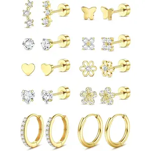 CASSIECA Flat Back Earrings Stack for Women Girls Hypoallergenic Surgical Stainless Steel Earrings Stack for Sensitive Ears 14K Plated Gold Heart Flower Stud Earring Set Small Huggie Hoop Cartilage Earring Stacks Studs Earrings Jewelry SummerVibes