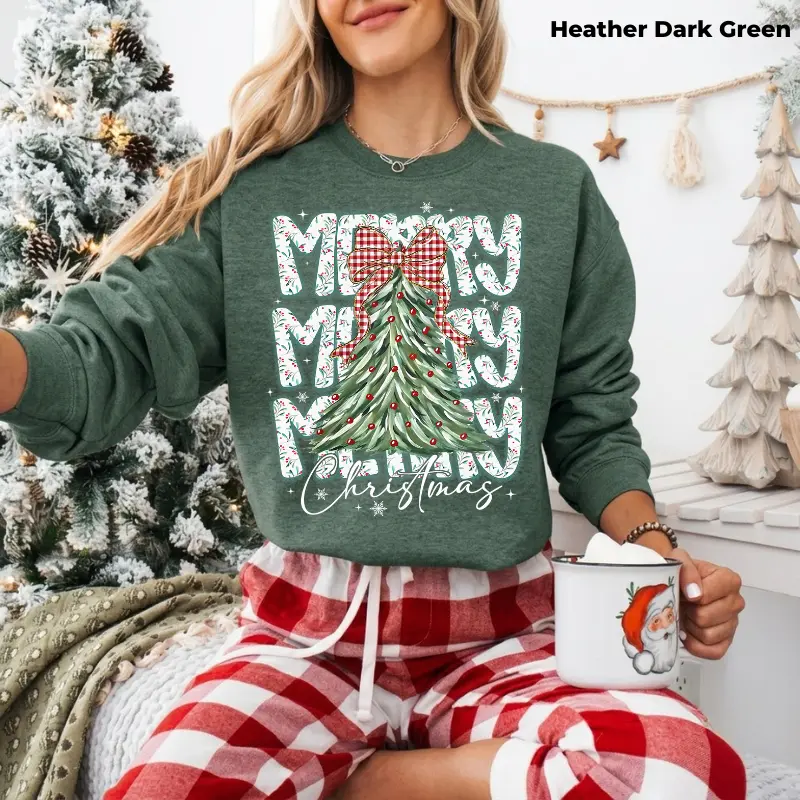Gildan Coquette Floral Merry Christmas Sweatshirt, Preppy Bow Christmas Sweater, Red Plaid Checkered Tree Sweatshirt, Faux Glitter Holiday Crewneck