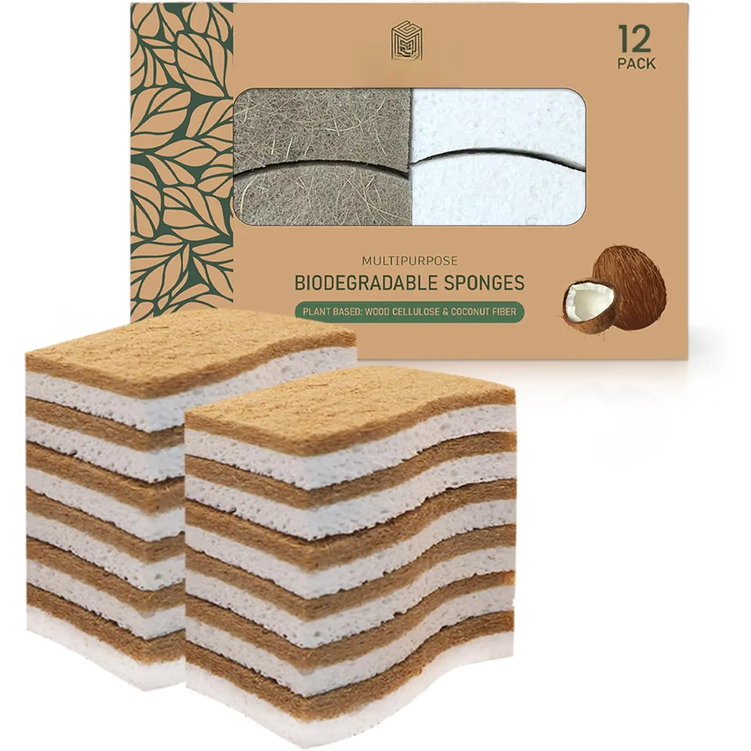Kitchen Sponge -12-Pack Biodegradable Sponges for Dishes -Compostable Dish Washing Scrubbers -  Non-Scratch Cellulose & Coconut Husk Scrubber Sponges for Cleaning