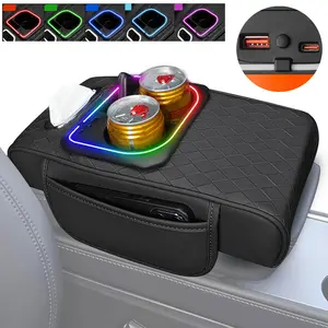 6 in 1 Thickned Car Armrest Box Height Increasing Pad, Multifunctional Storage Box with Tissue Holder, Cup Holder, RGB Ambient Light, Type-C Connector,USB Charging Port (Black)
