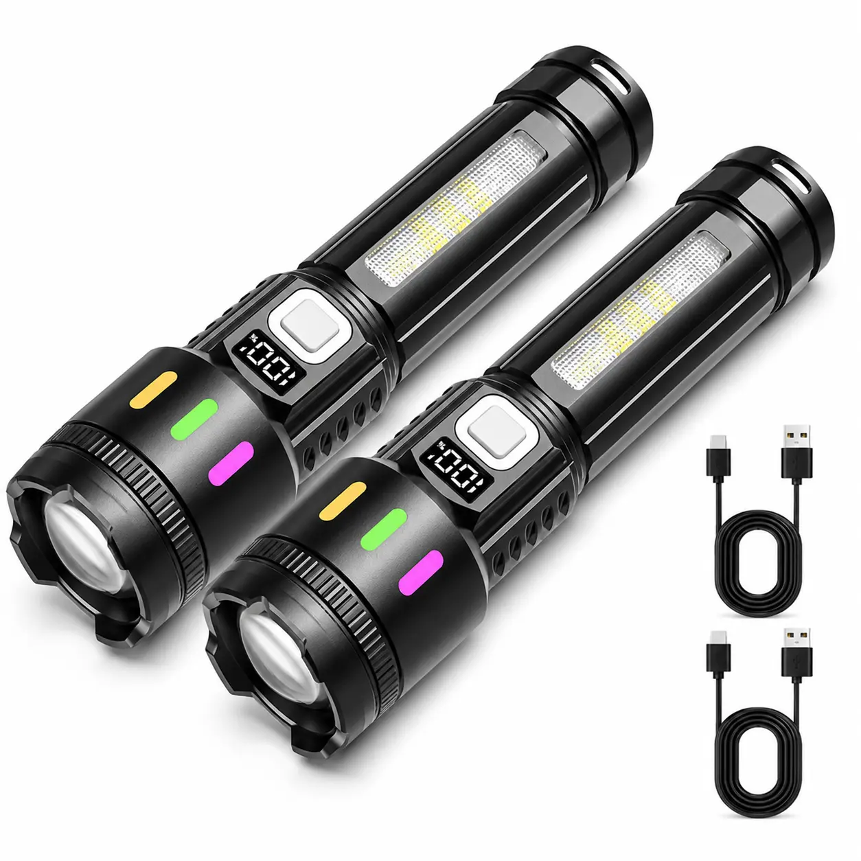 USB-C Rechargeable LED Tactical Torch - Adjustable Focus, COB Side Light, 5 Modes, Compact Emergency Multi-Mode Light Torches for Camping, Hiking, Emergencies
