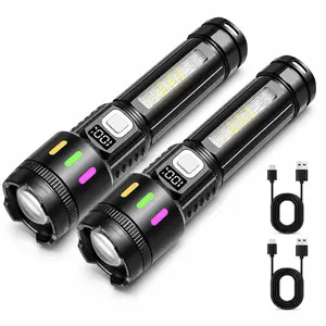 USB‑C rechargeable LED flashlight, emergency flashlight, adjustable‑focus tactical flashlight with COB side light, suitable for camping, hunting, hiking, and emergencies, featuring 5 modes