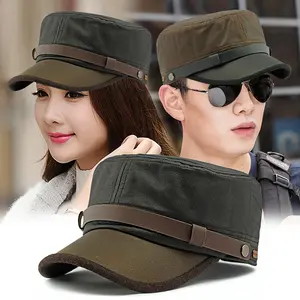 Unisex Retro Streetwear Flat Top Hat with Adjustable Strap - Warm Fleece-Lined Winter Cap for Men & Women, Olive Green, Casual & Outdoor Wear, Winter Headwear |       Retro Streetwear |       Adjustable Headgear, Military Cap, Hat/cap For Men