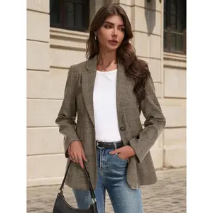 Mina Self 2026 Spring Women's Blazer Plaid & Solid - Lightweight Notched Lapel Dressy Casual Work Office Jackets with Pockets