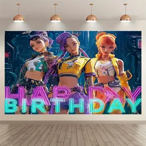 Cyberpunk K-Pop Girl Birthday Background Cloth, Neon Happy Birthday Hanging Wall Decor, Youth Gaming Party Photo Backdrop