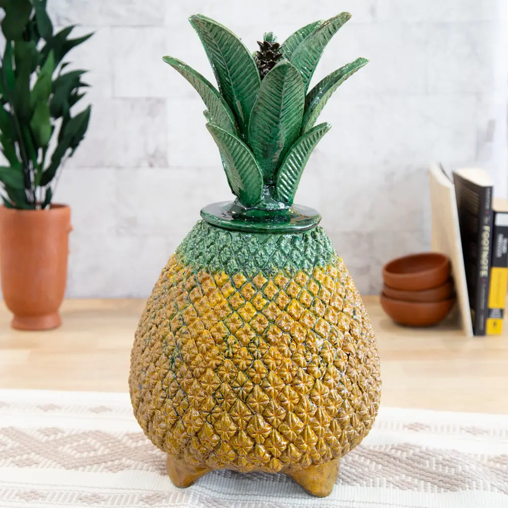 Piña Real 19" x 8" Handmade Glossy Traditional Ceramic Pineapple Sculpture - High-Temperature Firing, Hand-Applied Pastillaje Texture, Home Decor Artwork, Collectible Figurine, Gift Symbol