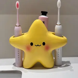 Cute Star-Shaped Plastic Toothbrush Holder, Standup Brush Holder, Independent Bathroom Storage, Adorable Face Design, Durable Plastic Structure, Space-Saving Brush & Paste Rack