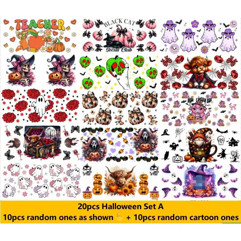 UV DTF Wraps 20pcs Halloween Set A & Halloween Set B for 16OZ Glass Cup Stickers Decoration DIY Craft