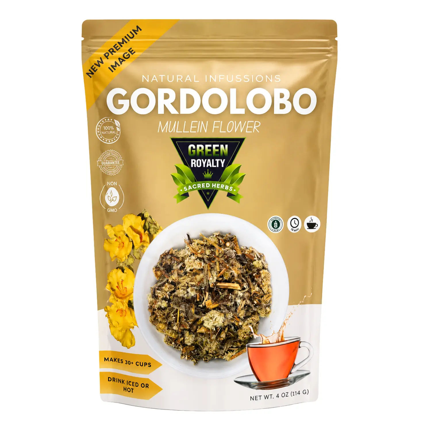 Green Royalty Mullein Loose Leaf Herb Tea Beverage, 4oz (114g) Caffeine-Free Lactose-Free Unflavored Refill Pouch, Gordolobo Hierba Dietary Supplement for Immune Health