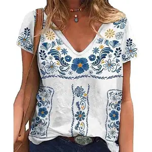 Chvity Women's V-Neck Floral Print Boho Short-Sleeve Embroidered Casual Blouse - Polyester Shirts, Clothes for Cinco De Mayo Fiesta, Lady