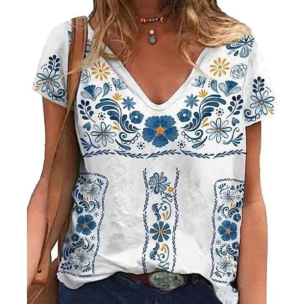 Chvity Women's Boho Mexican Peasant Blouse, Short Sleeve V-Neck with Floral Embroidery for Cinco De Mayo Fiesta, Shortsleeve, Boho Print Blouses, Mexican Festival, Casual, Clothes