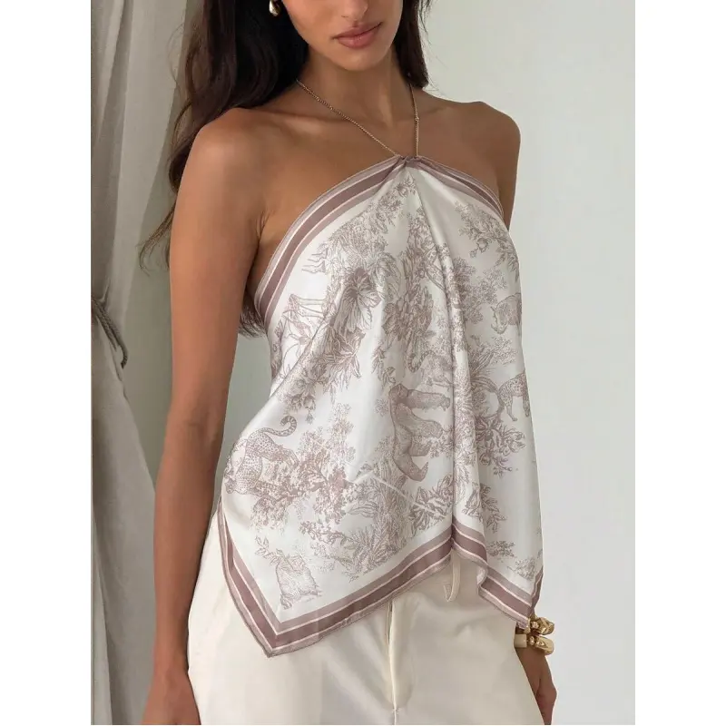 Women's Elegant Tie-Dye Satin Print Halter Neck Beach Vacation Scarf Top, Summer Top, Summer For Women, Beach For Women, Going Out Top For Women, Elegant Women's Top, Old Money Top Women