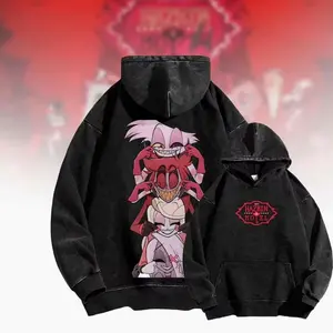 Hazbin Hotel Alastor Anime Hoodies Men Women Clothing Manga Printed Vintage Washed Streetwear Casual Long Sleeve Cotton Hoodie