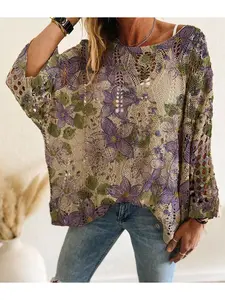 Spring/Summer Boat Neck Diamond Hollow Batwing Drop Shoulder Loose Purple Gradient Flower Print Long Sleeve Women's Knit Top, Vacation Style, Casual Elegant Commute, Ladies Cover-Up, Bikini Cover-Up.