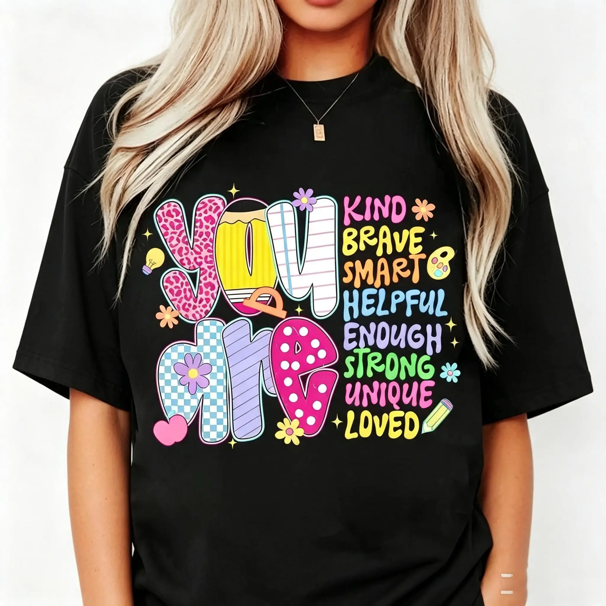 Women's Motivational Floral Print T-Shirt 100% Cotton Crew Neck Short Sleeve Top - "You Are Kind Brave Smart Helpful Enough Strong Unique Loved" Teacher Appreciation Gift, First Day School Outfit, Spring Summer Casual Tee Cargo Cargo Pants
