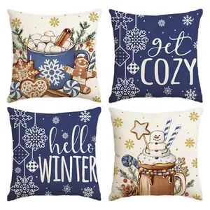 4pcs Christmas Pillow Cover 18x18 inches, Hello Winter, Cute Gingerbread Man, Hot Cocoa, Candy Print Decoration Blue Pillow Cover, Christmas Decoration Room Living Room Sofa Bedroom Car Seat Pillowcase, Christmas Decoration (without Pillow Core)
