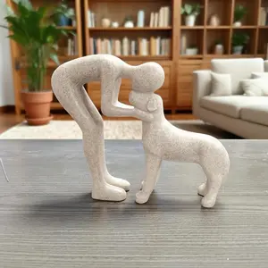 Cute Sandstone Man and Dog Figurine - Animal Design Ornament, Indoor Home Decoration for Living Room - Memory Gift for Pet Lovers