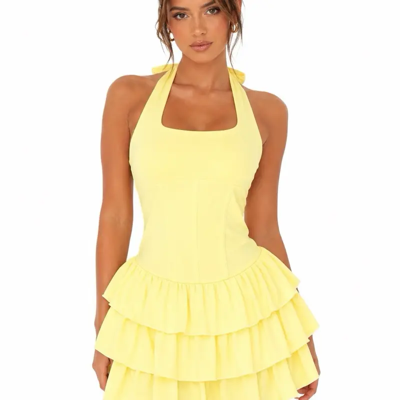 Women's Casual Halter Neck Solid Yellow Exaggerated Ruffle Sleeveless Mini Dress - Chic Trendy Party Wear, Versatile for Accessory Pairing, Ideal for Day Outings