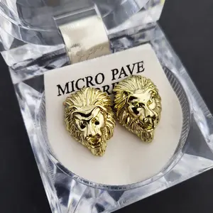 Unisex Earrings Hip Hop Gold Plated Lion Head Bling Rapper's Fashion Stud Type Surgical Steel Post High Polished