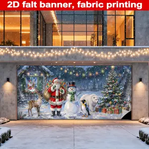 Christmas Garage Banner, Durable Polyester Material, 2D Flat Print, Christmas Animal Friends, Festive Decorations, Perfect for Garages