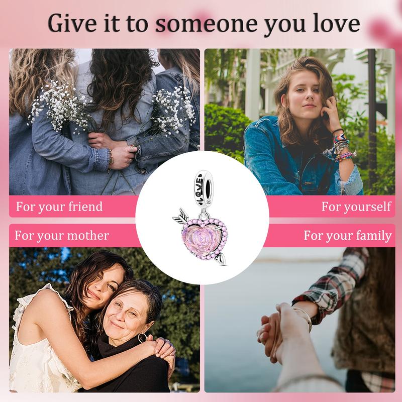 MULA 925 Sterling Silver arrow-shaped rosette charm with resin and pink cubic zirconia - for Pandora bracelets and necklaces, gifts for women and girls