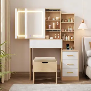 Modern Makeup Vanity Desk with Sliding Mirror, 3-Color LED Lights, 4 Drawers, 7 Storage Shelves, Cushioned Stool, Charging Station