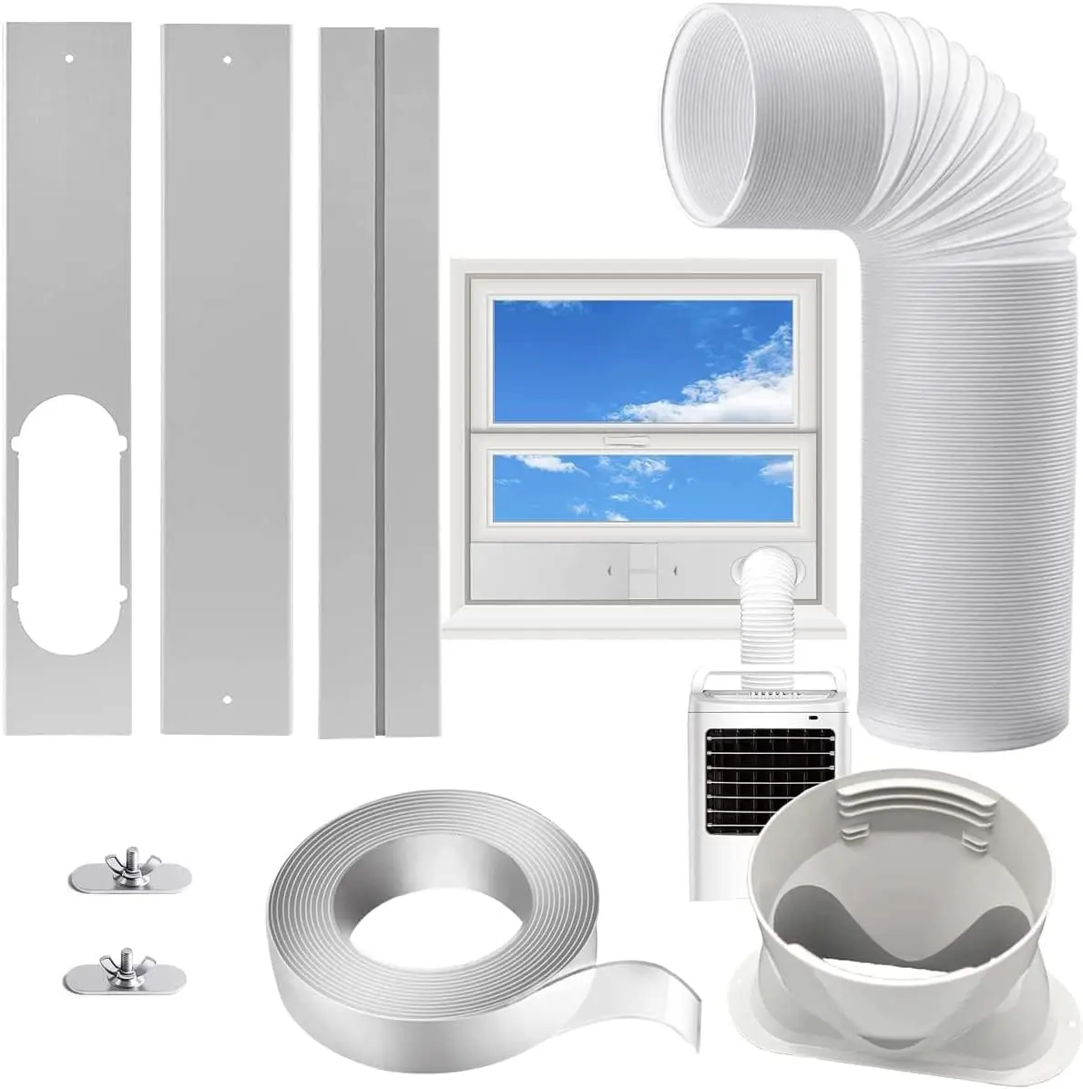 Portable AC Window Kit with 5.1” Exhaust Hose for Sliding Window, Adjustable Air Conditioner Window Vent Kit for Ducting AC Seal Panel for Horizontal&Vertical Window.Gift.