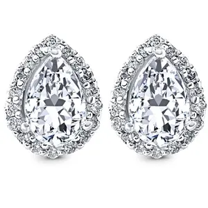 1/2Ct Pear Shape Halo Screw Back Diamond Studs White or Yellow Gold Earrings