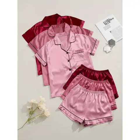 3 sets 3-Piece Satin Pajama Set for Women: Short Sleeve Lapel Top & Elastic Waistband Shorts Loungewear Nightwear Casual Fabric