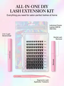 False Eyelashes Kit, 1 Set D Curl Eyelash Clusters, Fluffy Eyelash Clusters with Eyelash Glue, Remover, Brush & Tweezers, Eyelash Extension Kit for Women & Girls, Volumized False Eyelashes
